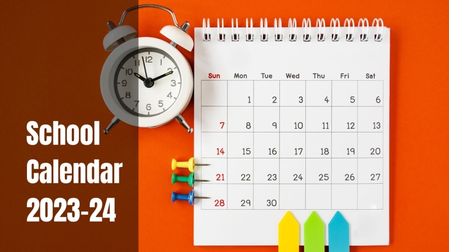 "School Calendar 2023-24" with picture of clock and calendar